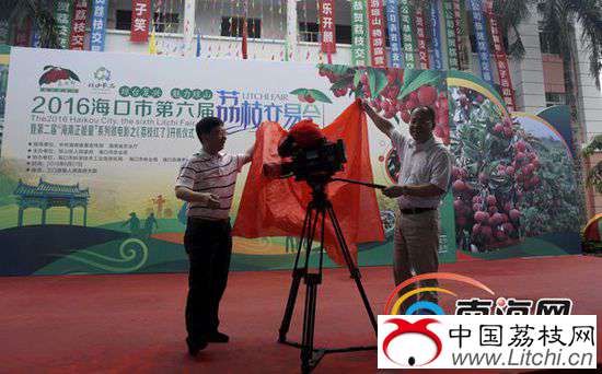 海南省委宣传部副部长、海南日报副总编辑郭志民与南海网CEO韩潮光共同揭起了摄像机上的红布，宣告第二届&ldquo;海南正能量&rdquo;系列微电影之《荔枝红了》正式开机。南海网记者周静泊摄